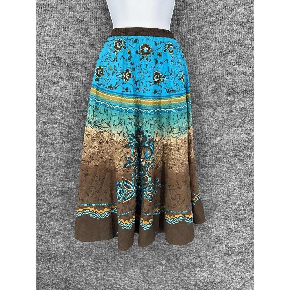VTG Phool Skirt Womens L Blue Brown Floral Sequin A-Line Boho Cotton Midi Full